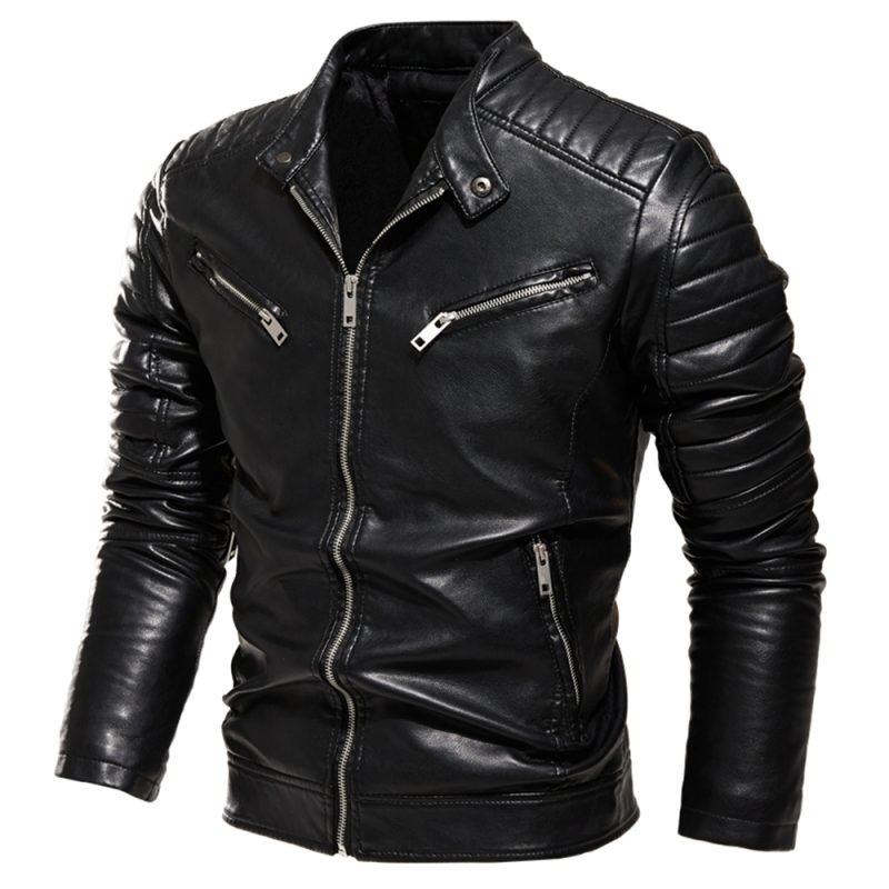 2025 Winter Black Leather Jacket Men Fur Lined Warm Motorcycle Jacket Slim Street Fashion BLack Biker Coat Pleated Design Zipper