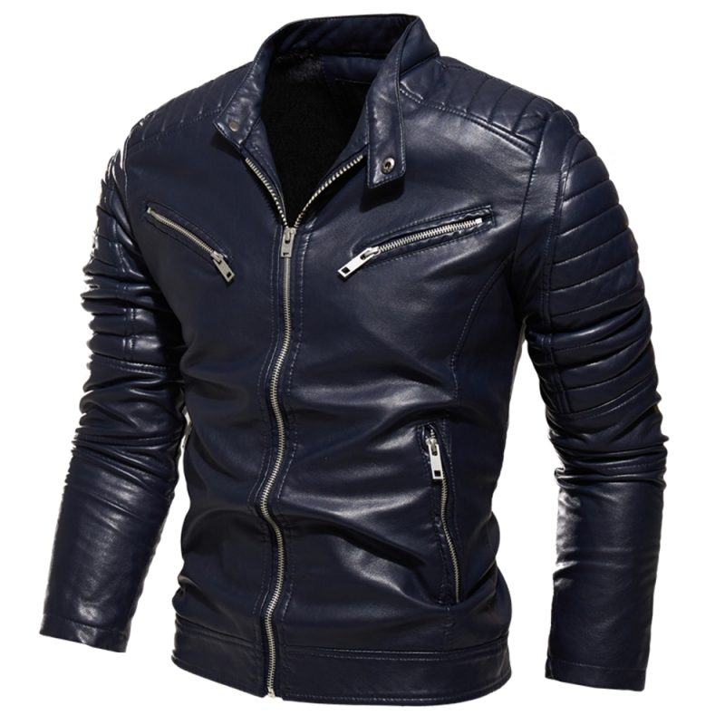 2025 Winter Black Leather Jacket Men Fur Lined Warm Motorcycle Jacket Slim Street Fashion BLack Biker Coat Pleated Design Zipper - Image 4