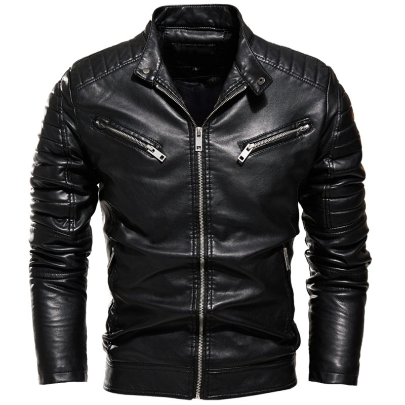 2025 Winter Black Leather Jacket Men Fur Lined Warm Motorcycle Jacket Slim Street Fashion BLack Biker Coat Pleated Design Zipper - Image 6