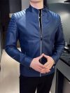 Motorcycle PU Leather Jacket Men Blue Leahter Jacket Male Stand Collar Casual Windbreaker Trendy Mens Clothing