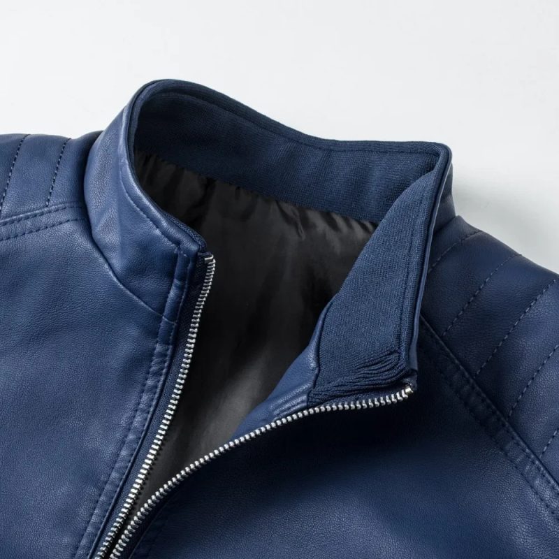 Motorcycle PU Leather Jacket Men Blue Leahter Jacket Male Stand Collar Casual Windbreaker Trendy Mens Clothing - Image 6