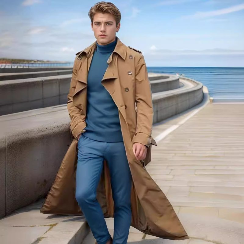 Men Trench Turn Down Collar Long Coat Button Jackets Full Sleeve Casual Solid Coats Straight Pocket Male High Street 2024