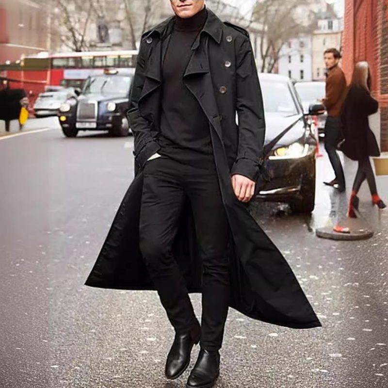Men Trench Turn Down Collar Long Coat Button Jackets Full Sleeve Casual Solid Coats Straight Pocket Male High Street 2024 - Image 4