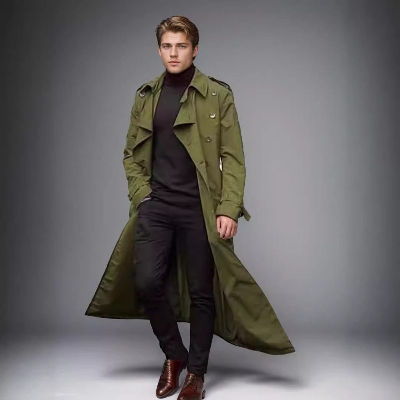 Men Trench Turn Down Collar Long Coat Button Jackets Full Sleeve Casual Solid Coats Straight Pocket Male High Street 2024 - Image 5