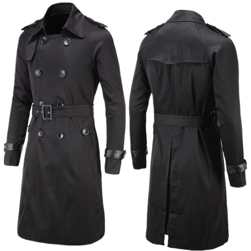 Mens Spring Autumn Windbreak Overcoat Long Trench Coats with Belt Male Pea Coat Double Breasted Peacoat W03