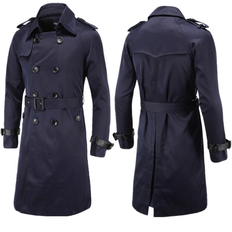 Mens Spring Autumn Windbreak Overcoat Long Trench Coats with Belt Male Pea Coat Double Breasted Peacoat W03 - Image 2