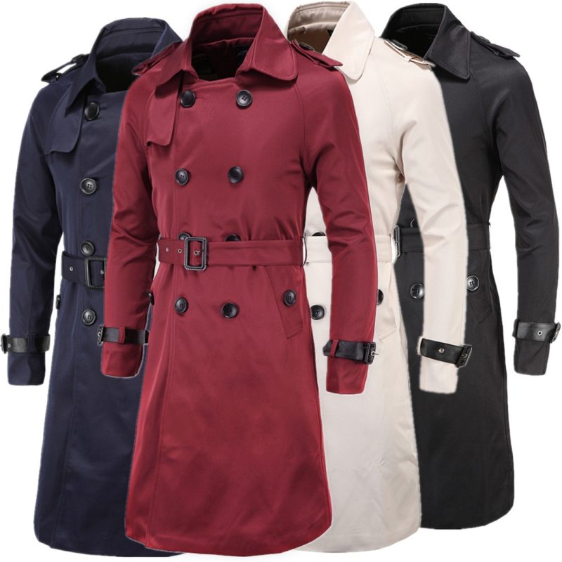 Mens Spring Autumn Windbreak Overcoat Long Trench Coats with Belt Male Pea Coat Double Breasted Peacoat W03 - Image 5