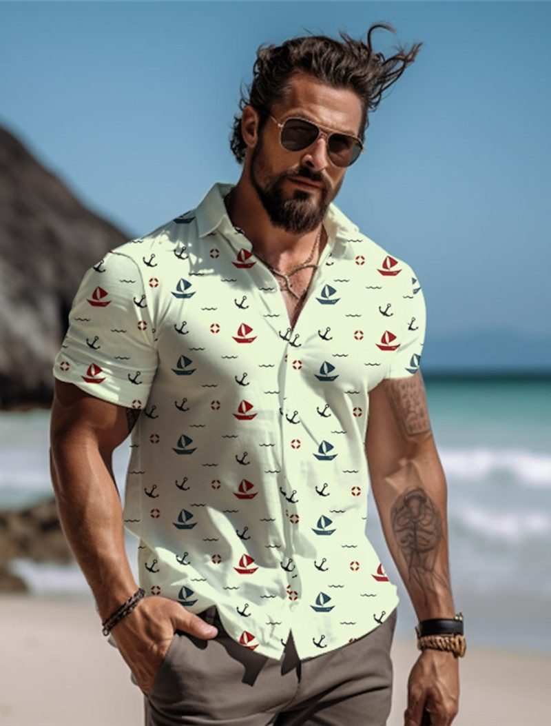Sailboat Men's Resort Hawaiian 3D Printed Shirt Button Up Short Sleeve Summer Beach Shirt Vacation Daily Wear S TO 5XL - Image 2