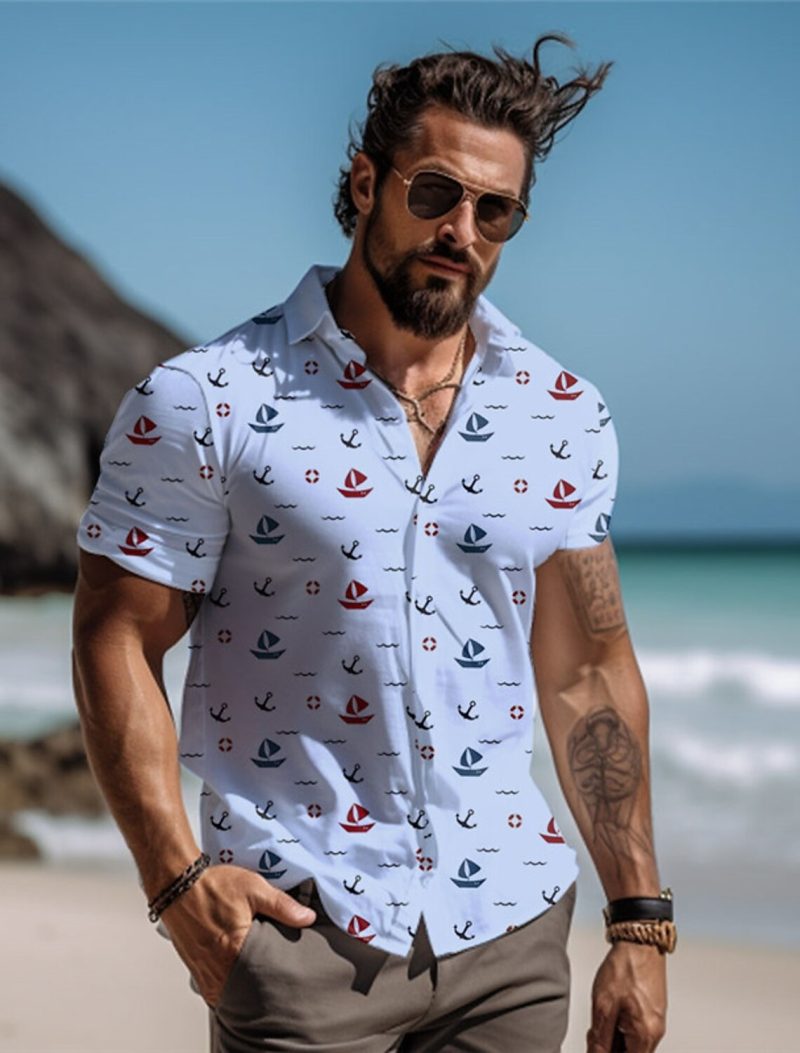 Sailboat Men's Resort Hawaiian 3D Printed Shirt Button Up Short Sleeve Summer Beach Shirt Vacation Daily Wear S TO 5XL - Image 3