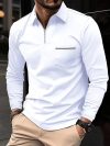 2024 Spring Autumn Solid Color Long Sleeve Polo Shirt Zipper Pocket Lapel Men's Casual Sports Long Sleeve Top Men
