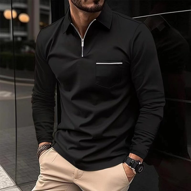 2024 Spring Autumn Solid Color Long Sleeve Polo Shirt Zipper Pocket Lapel Men's Casual Sports Long Sleeve Top Men - Image 2
