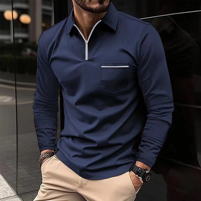 2024 Spring Autumn Solid Color Long Sleeve Polo Shirt Zipper Pocket Lapel Men's Casual Sports Long Sleeve Top Men - Image 3