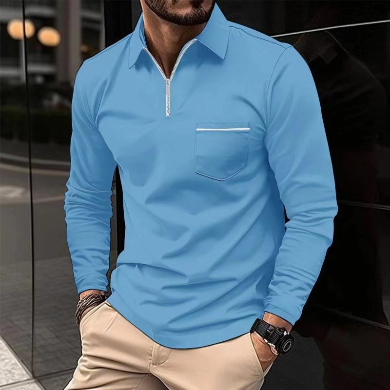 2024 Spring Autumn Solid Color Long Sleeve Polo Shirt Zipper Pocket Lapel Men's Casual Sports Long Sleeve Top Men - Image 4