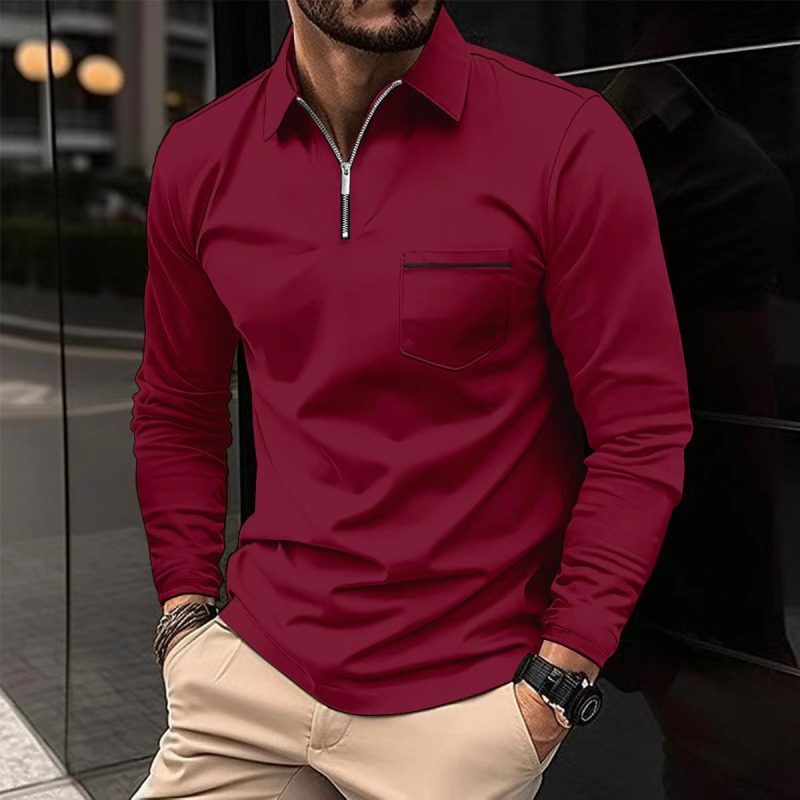 2024 Spring Autumn Solid Color Long Sleeve Polo Shirt Zipper Pocket Lapel Men's Casual Sports Long Sleeve Top Men - Image 5