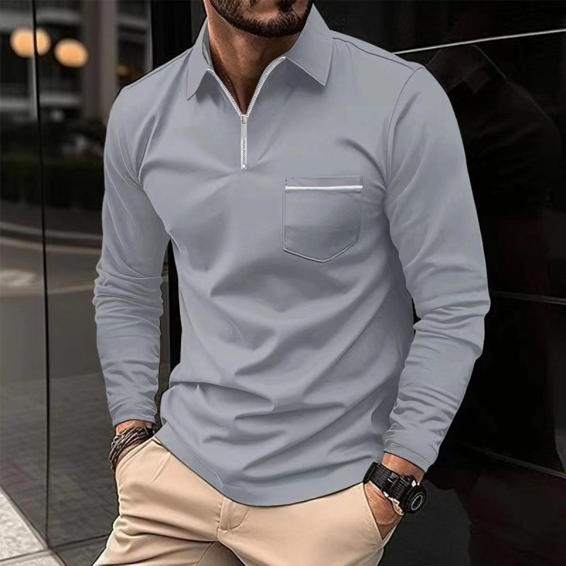 2024 Spring Autumn Solid Color Long Sleeve Polo Shirt Zipper Pocket Lapel Men's Casual Sports Long Sleeve Top Men - Image 6