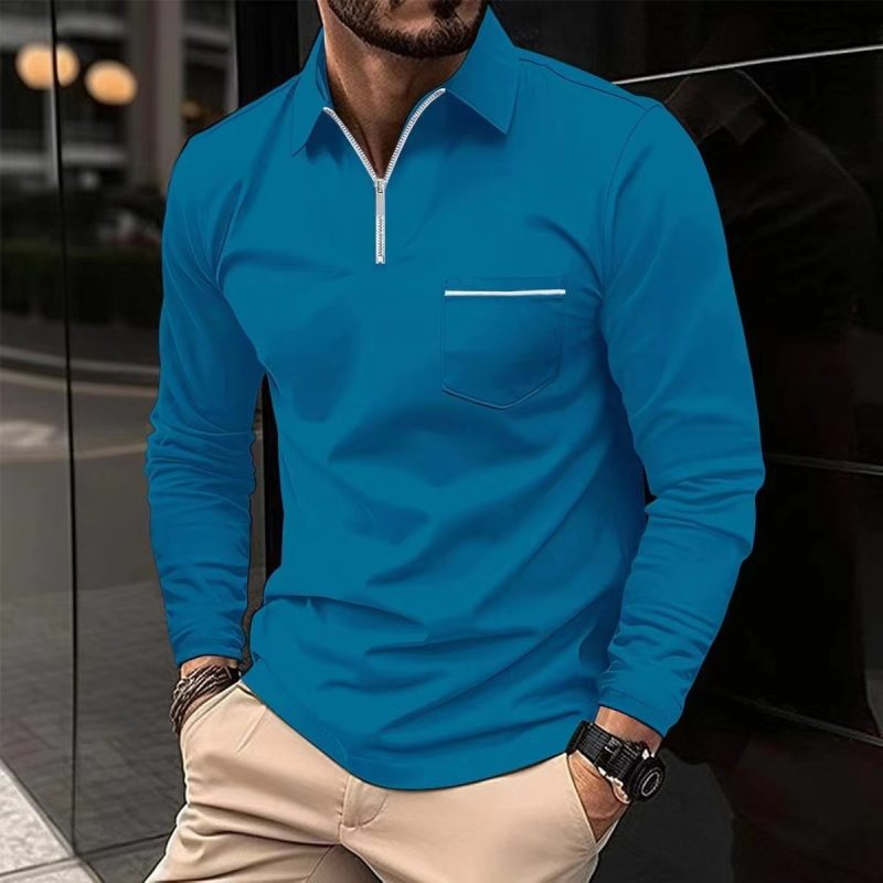 2024 Spring Autumn Solid Color Long Sleeve Polo Shirt Zipper Pocket Lapel Men's Casual Sports Long Sleeve Top Men - Image 7
