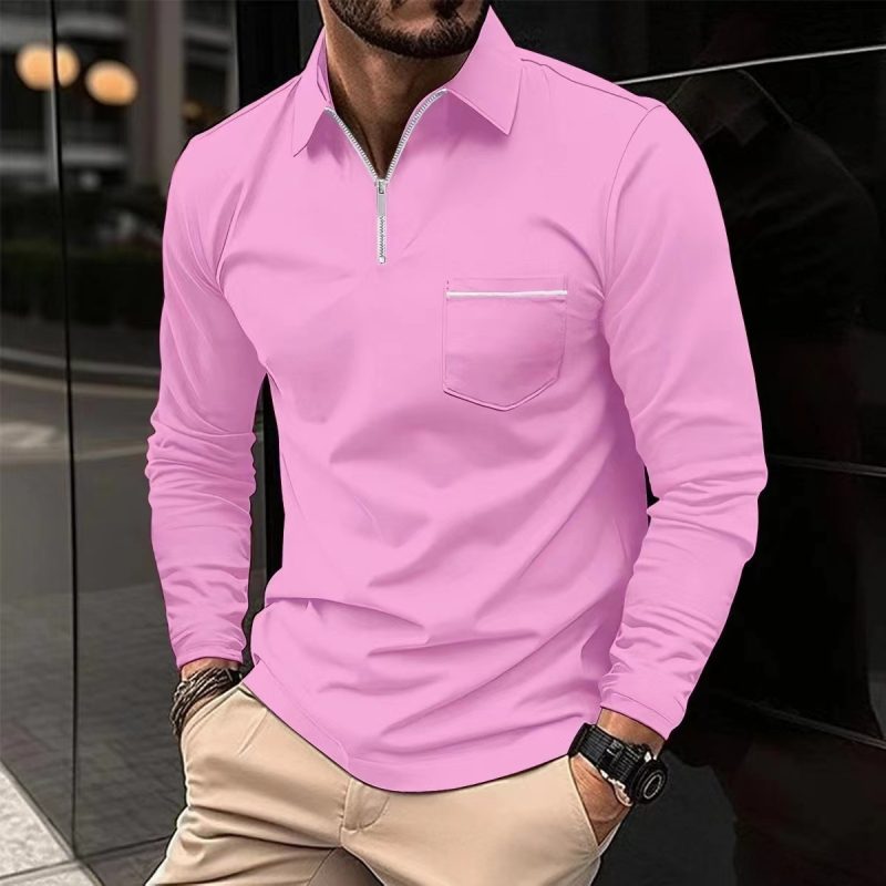 2024 Spring Autumn Solid Color Long Sleeve Polo Shirt Zipper Pocket Lapel Men's Casual Sports Long Sleeve Top Men - Image 8