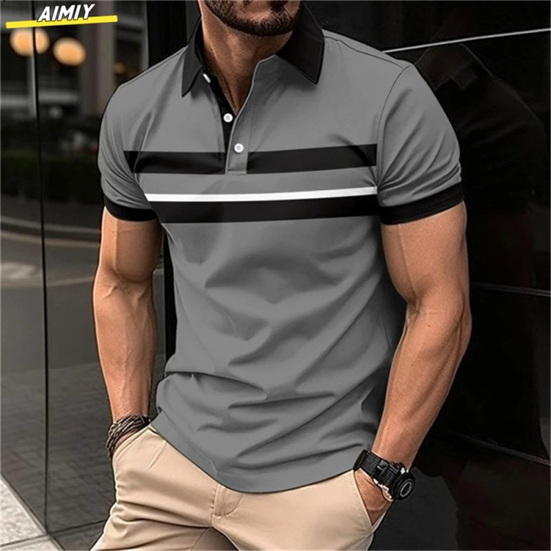New Male Golf Stripe Polo Men's Casual Short-Sleeved Polo Shirt Solid Color Lapel Fashion Business Sports Breathable T-Shirt Top - Image 30