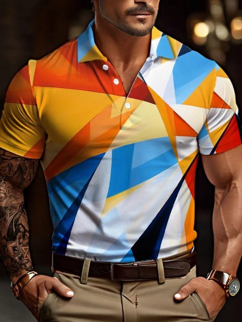 Summer Block geometry Graphic Men's Polo shirts 3D Printing Men's Clothing Casual Short Sleeve Loose Oversize Shirt Senior Tops