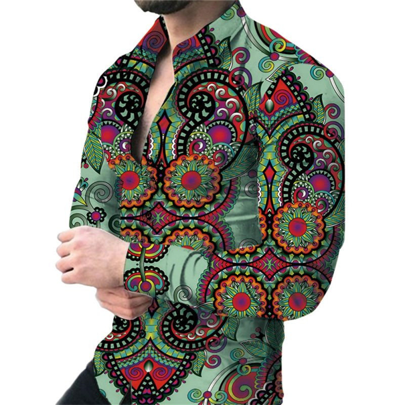 2024 Spring Men Shirts Fashion Vintage Street 3d Printed Shirt For Men Long-sleeved Floral Shirt Clothes Tops Lapel With Button - Image 2