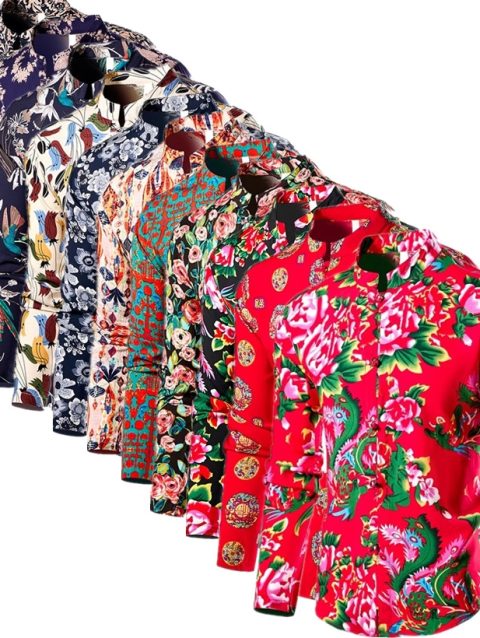 Chinese Style Men's Stand-up Collar Long-sleeved Shirt, Single-breasted Printed Shirts, Fashion Casual Camisas, Red Green Blue