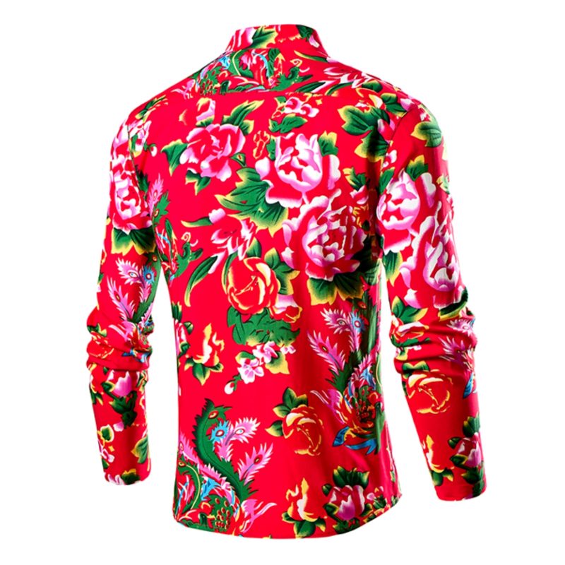 Chinese Style Men's Stand-up Collar Long-sleeved Shirt, Single-breasted Printed Shirts, Fashion Casual Camisas, Red Green Blue - Image 2