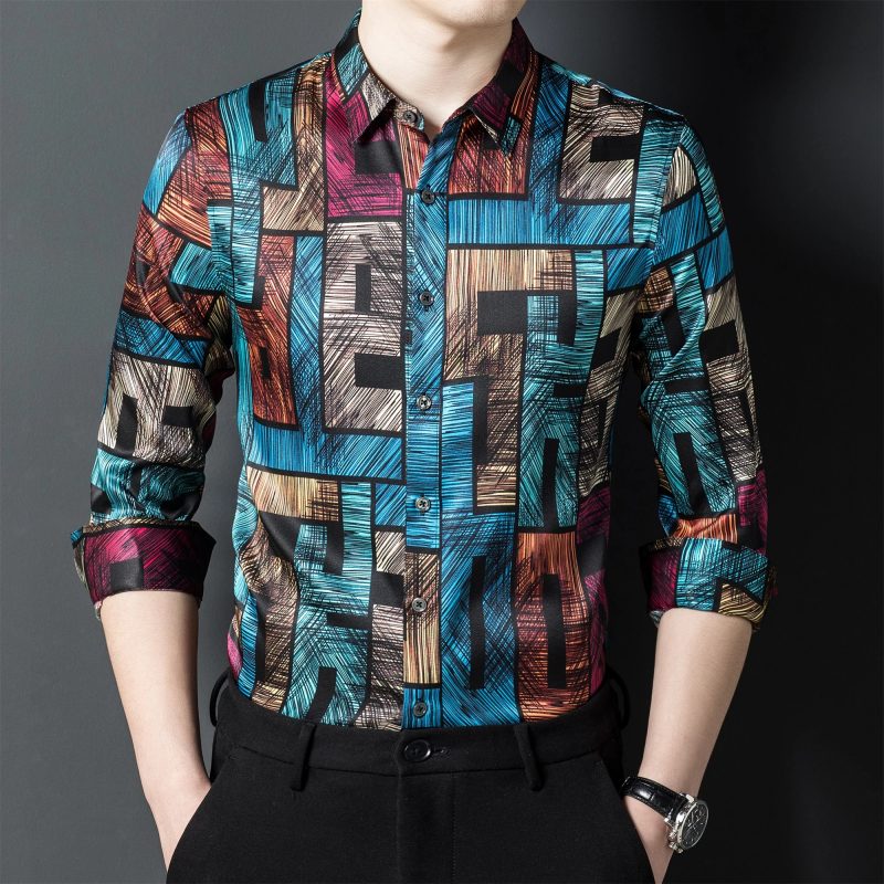 Vintage 3D Print Silk Men Shirt Long Sleeve Gentleman Casual Cool Summer Quality Smooth Comfortable Elastic Luxury Chemise Homme