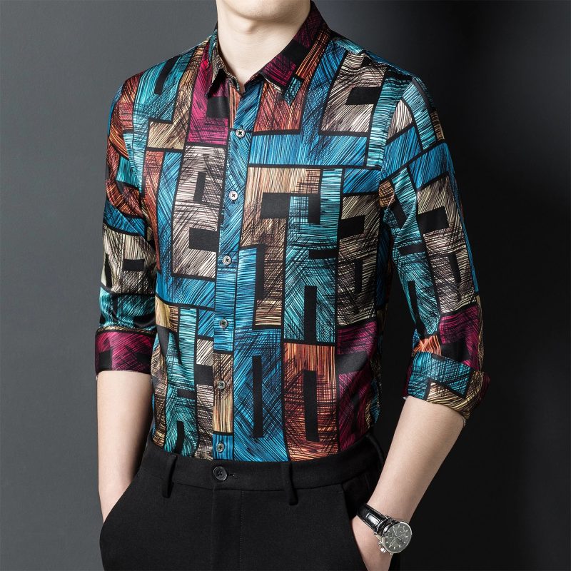 Vintage 3D Print Silk Men Shirt Long Sleeve Gentleman Casual Cool Summer Quality Smooth Comfortable Elastic Luxury Chemise Homme - Image 3