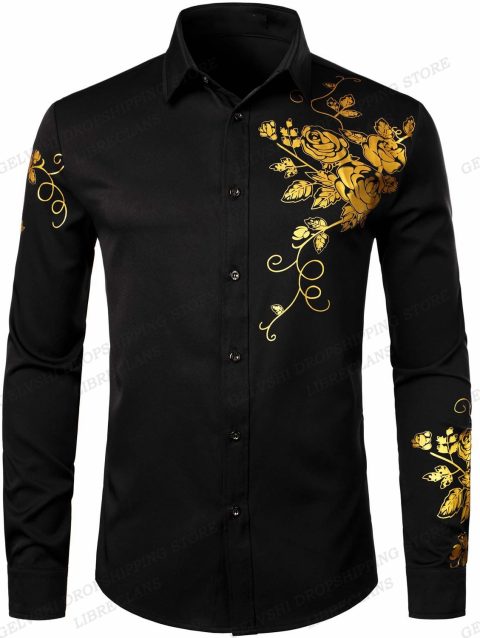 Long Sleeve Hawaiian Shirts Golden Floral Shirts Men Fashion Shirt Casual Beach Blouse Bussiness Camisa Men's Clothing Button Up