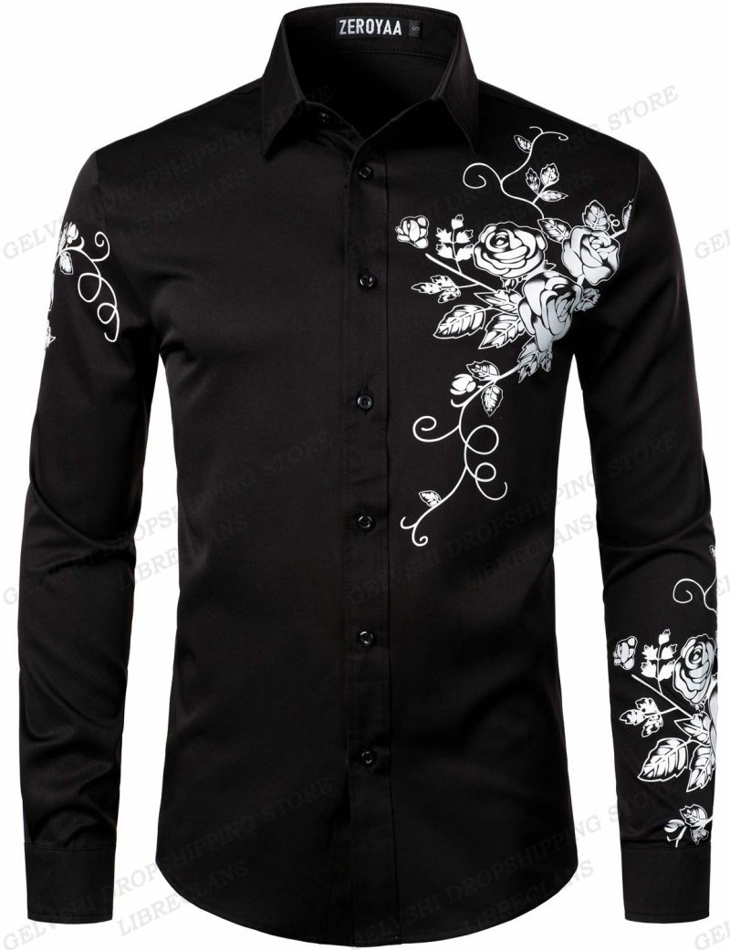Long Sleeve Hawaiian Shirts Golden Floral Shirts Men Fashion Shirt Casual Beach Blouse Bussiness Camisa Men's Clothing Button Up - Image 2