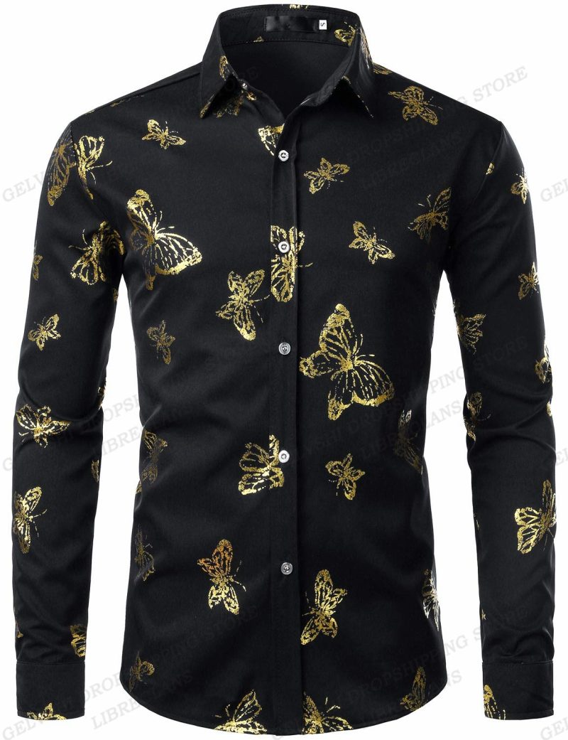 Long Sleeve Hawaiian Shirts Golden Floral Shirts Men Fashion Shirt Casual Beach Blouse Bussiness Camisa Men's Clothing Button Up - Image 3