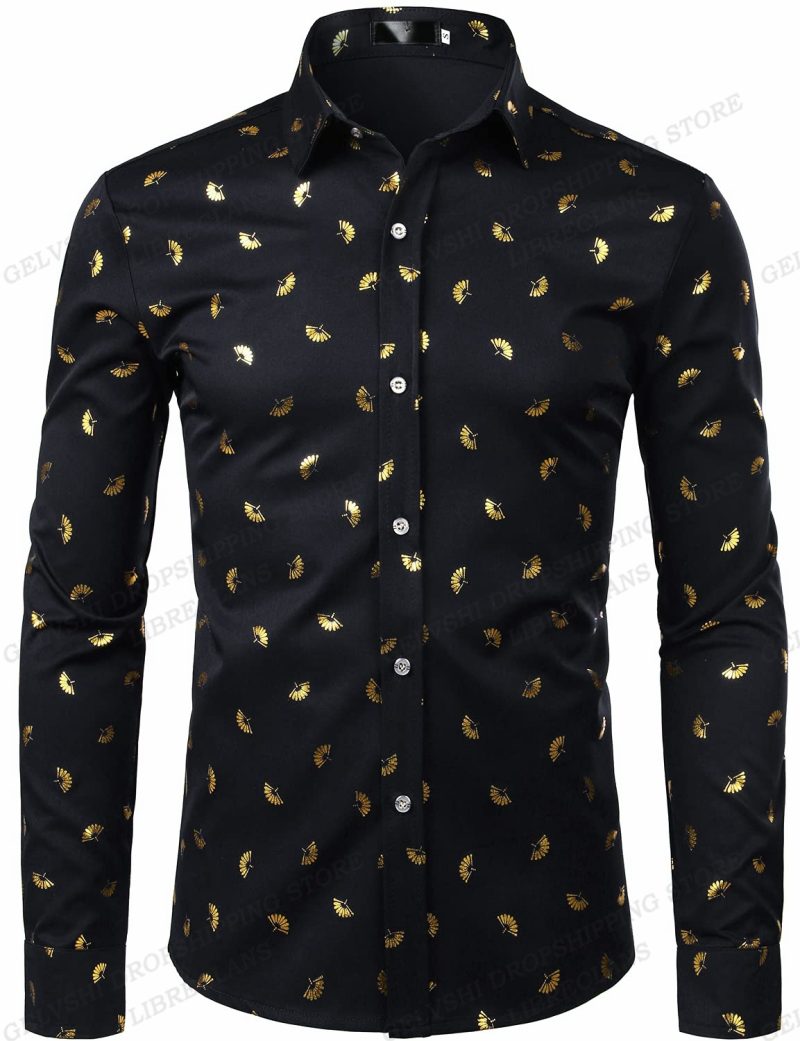 Long Sleeve Hawaiian Shirts Golden Floral Shirts Men Fashion Shirt Casual Beach Blouse Bussiness Camisa Men's Clothing Button Up - Image 6