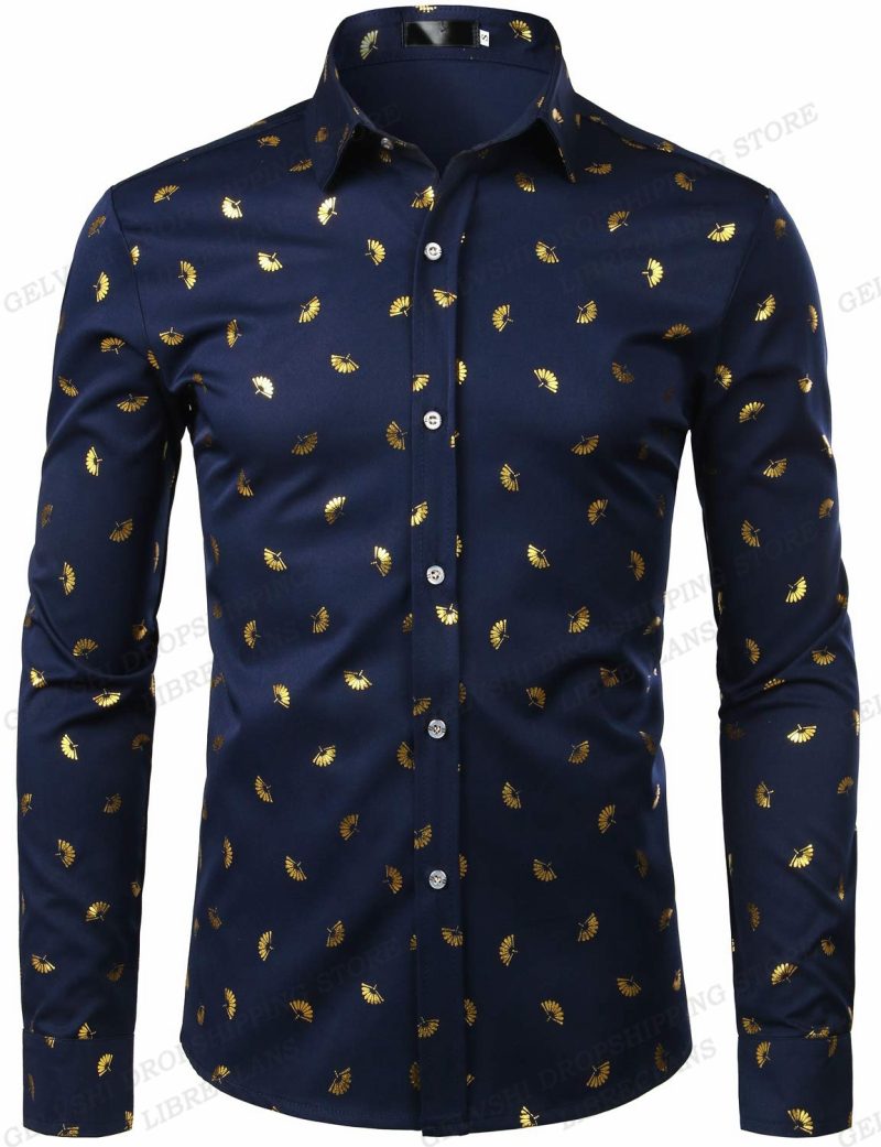 Long Sleeve Hawaiian Shirts Golden Floral Shirts Men Fashion Shirt Casual Beach Blouse Bussiness Camisa Men's Clothing Button Up - Image 8