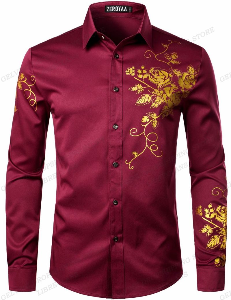 Long Sleeve Hawaiian Shirts Golden Floral Shirts Men Fashion Shirt Casual Beach Blouse Bussiness Camisa Men's Clothing Button Up - Image 9