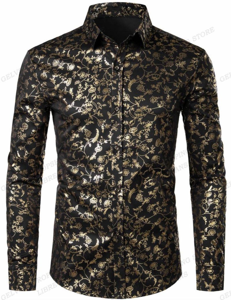 Long Sleeve Hawaiian Shirts Golden Floral Shirts Men Fashion Shirt Casual Beach Blouse Bussiness Camisa Men's Clothing Button Up - Image 10