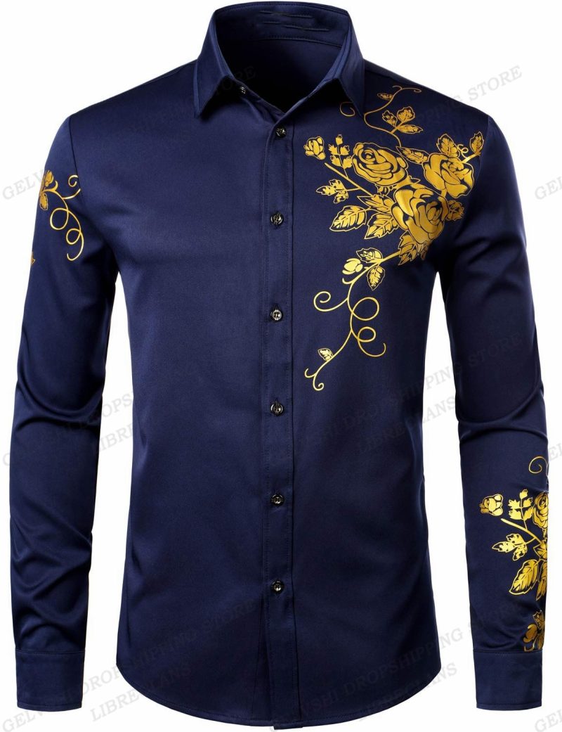 Long Sleeve Hawaiian Shirts Golden Floral Shirts Men Fashion Shirt Casual Beach Blouse Bussiness Camisa Men's Clothing Button Up - Image 13