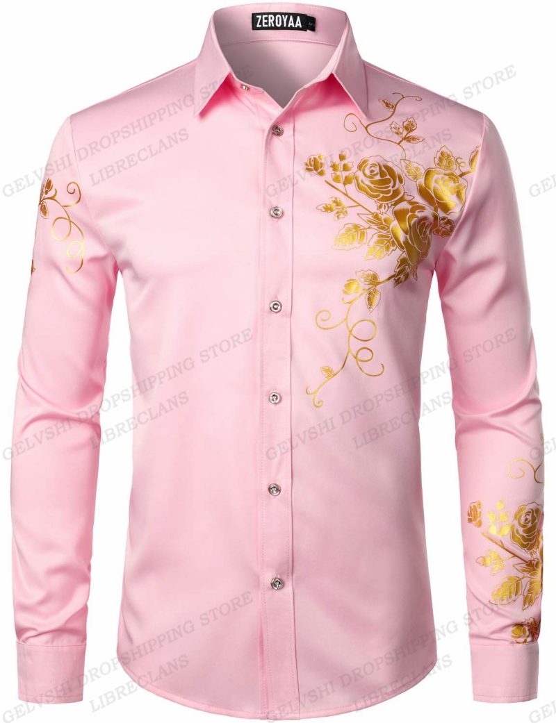 Long Sleeve Hawaiian Shirts Golden Floral Shirts Men Fashion Shirt Casual Beach Blouse Bussiness Camisa Men's Clothing Button Up - Image 15