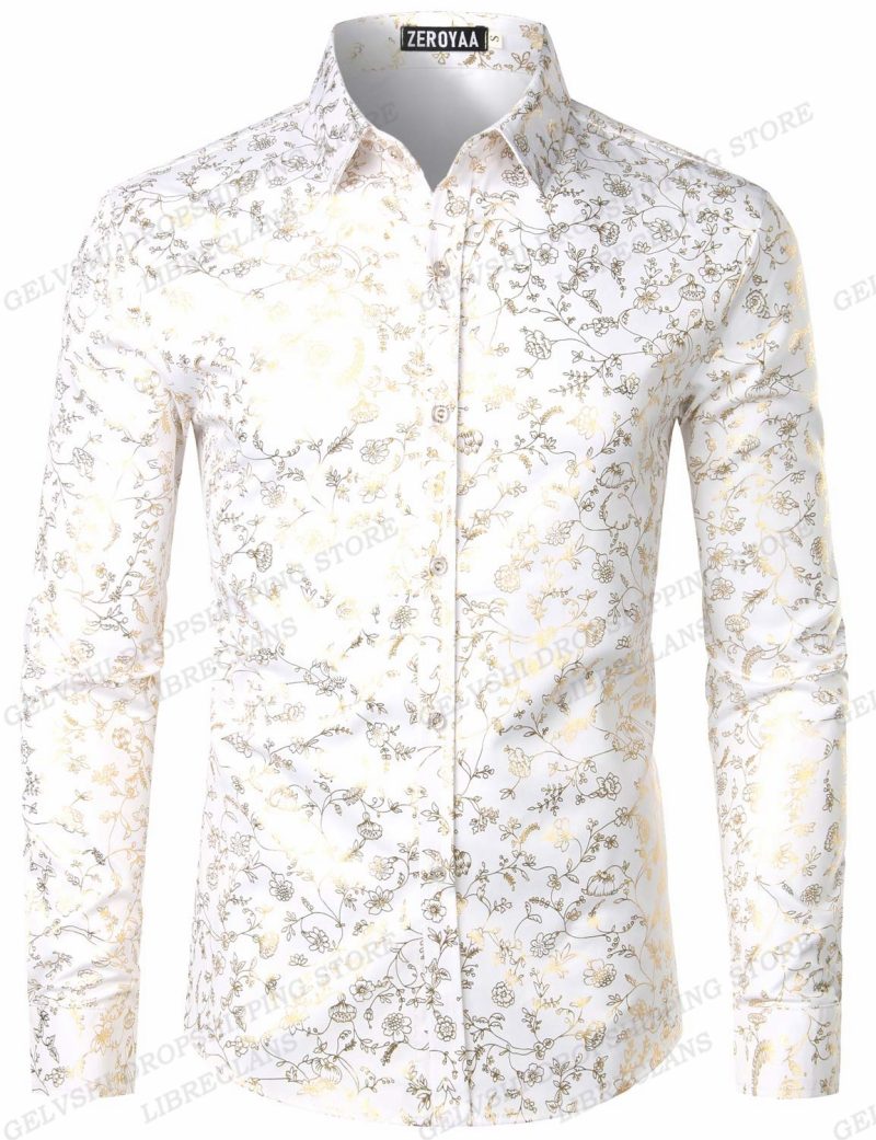 Long Sleeve Hawaiian Shirts Golden Floral Shirts Men Fashion Shirt Casual Beach Blouse Bussiness Camisa Men's Clothing Button Up - Image 16
