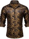 Luxury Men Dress Shirt Formal Prom Tuxedo Long Sleeve Silk Polyester Golden Color Paisley Black Shirts Blouse Men Clothing