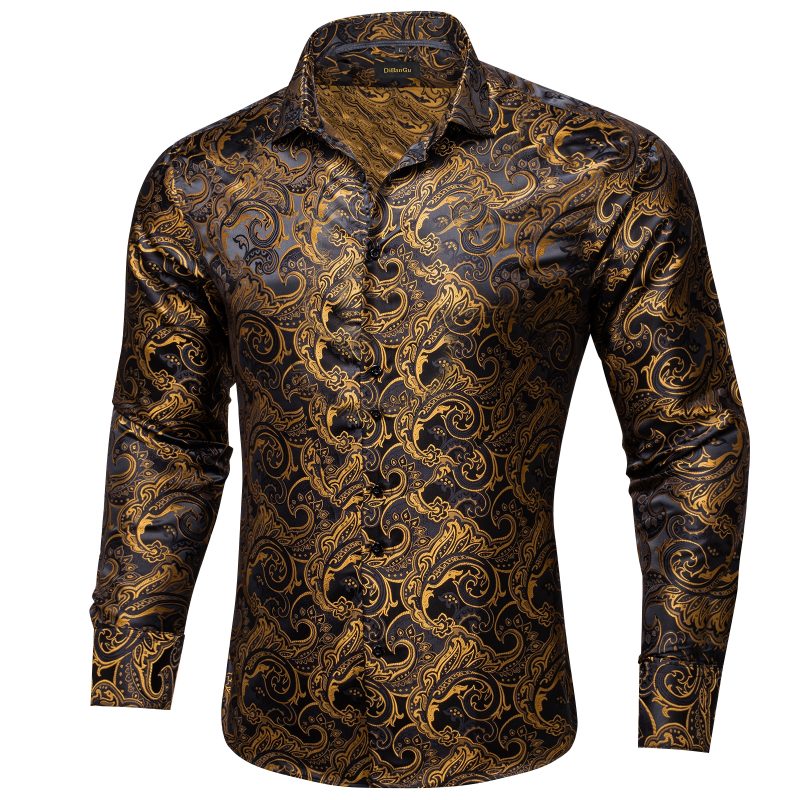 Luxury Men Dress Shirt Formal Prom Tuxedo Long Sleeve Silk Polyester Golden Color Paisley Black Shirts Blouse Men Clothing - Image 2