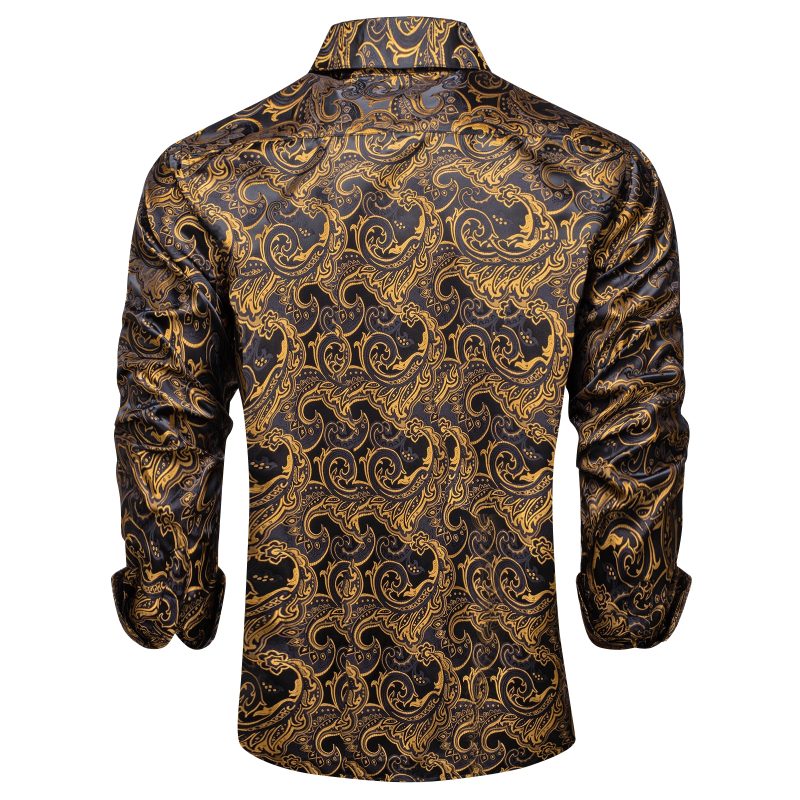 Luxury Men Dress Shirt Formal Prom Tuxedo Long Sleeve Silk Polyester Golden Color Paisley Black Shirts Blouse Men Clothing - Image 3