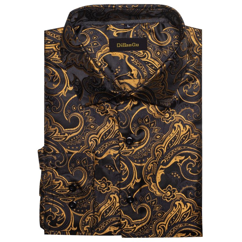 Luxury Men Dress Shirt Formal Prom Tuxedo Long Sleeve Silk Polyester Golden Color Paisley Black Shirts Blouse Men Clothing - Image 4