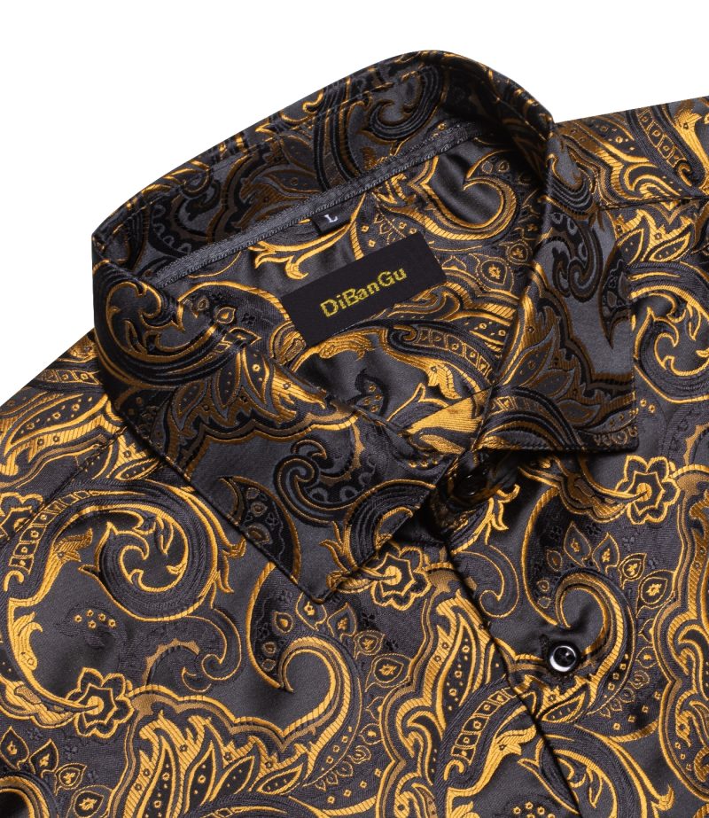 Luxury Men Dress Shirt Formal Prom Tuxedo Long Sleeve Silk Polyester Golden Color Paisley Black Shirts Blouse Men Clothing - Image 5