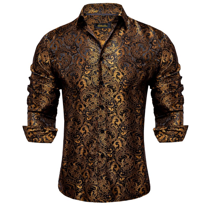 Luxury Men Dress Shirt Formal Prom Tuxedo Long Sleeve Silk Polyester Golden Color Paisley Black Shirts Blouse Men Clothing - Image 7