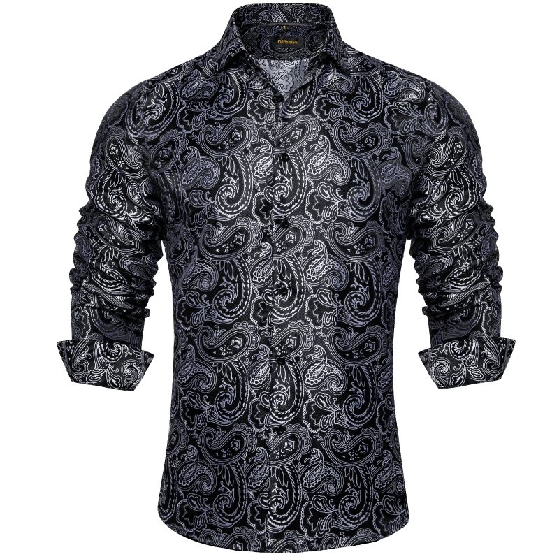 Luxury Men Dress Shirt Formal Prom Tuxedo Long Sleeve Silk Polyester Golden Color Paisley Black Shirts Blouse Men Clothing - Image 8