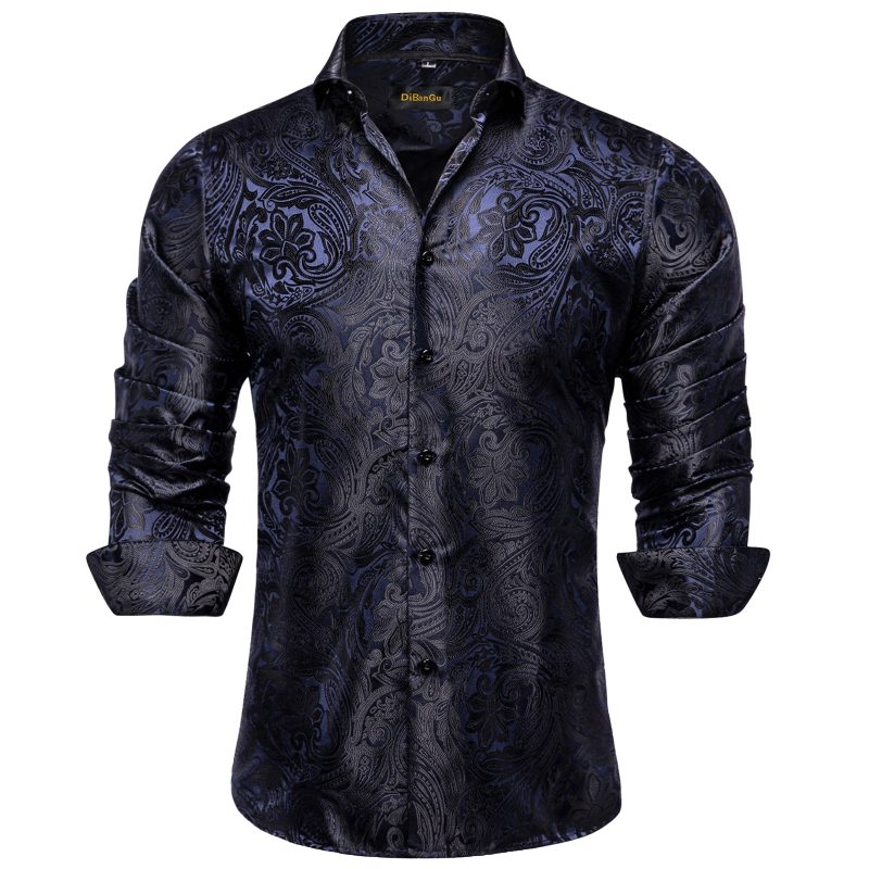 Luxury Men Dress Shirt Formal Prom Tuxedo Long Sleeve Silk Polyester Golden Color Paisley Black Shirts Blouse Men Clothing - Image 10