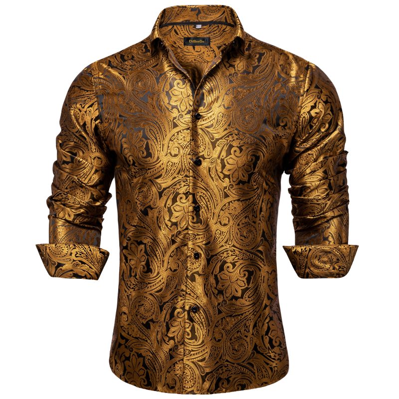 Luxury Men Dress Shirt Formal Prom Tuxedo Long Sleeve Silk Polyester Golden Color Paisley Black Shirts Blouse Men Clothing - Image 11