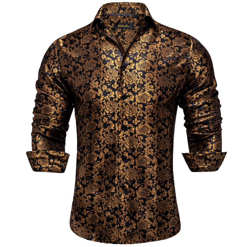 Luxury Men Dress Shirt Formal Prom Tuxedo Long Sleeve Silk Polyester Golden Color Paisley Black Shirts Blouse Men Clothing - Image 12