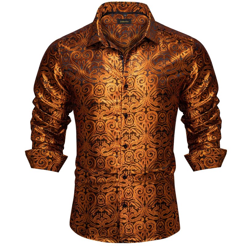 Luxury Men Dress Shirt Formal Prom Tuxedo Long Sleeve Silk Polyester Golden Color Paisley Black Shirts Blouse Men Clothing - Image 17