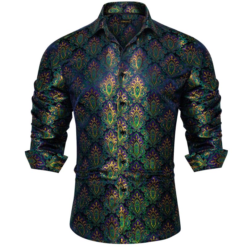 Luxury Men Dress Shirt Formal Prom Tuxedo Long Sleeve Silk Polyester Golden Color Paisley Black Shirts Blouse Men Clothing - Image 18